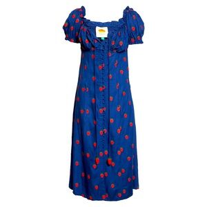 Strawberry Cross Stitch Midi Dress In Navy Blue